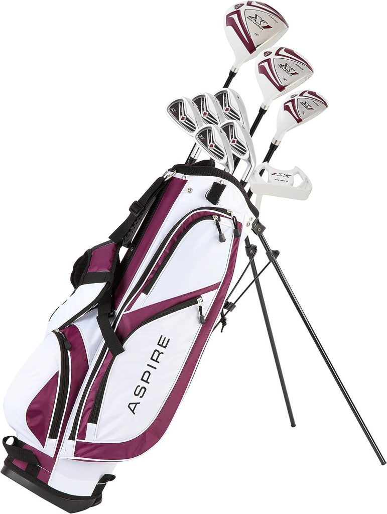 Aspire X1 Ladies Women’s Complete Golf Club Set Includes Driver, Fairway, Hybrid, 6-PW Irons, Putter, Stand Bag, 3 H/Cs Purple, Regular or Petite Size, Women’s Golf Club Set