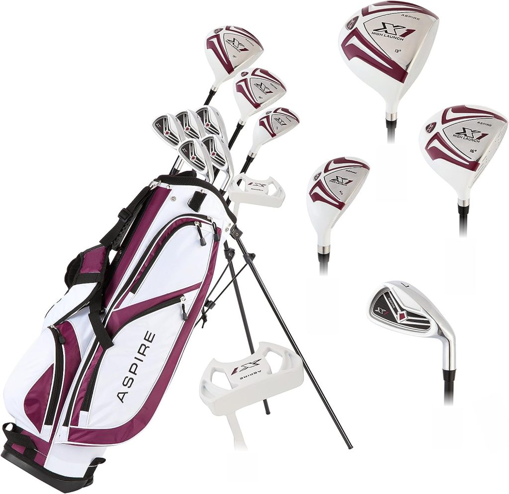 Aspire X1 Ladies Women’s Complete Golf Club Set Includes Driver, Fairway, Hybrid, 6-PW Irons, Putter, Stand Bag, 3 H/Cs Purple, Regular or Petite Size, Women’s Golf Club Set