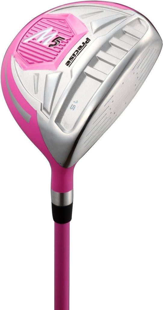 Precise M5 Ladies Womens Complete Right Handed Golf Clubs Set Includes Titanium Driver, S.S. Fairway, S.S. Hybrid, S.S. 5-PW Irons, Putter, Stand Bag, 3 H/Cs Pink (Pink, Right Hand Tall Size +1)