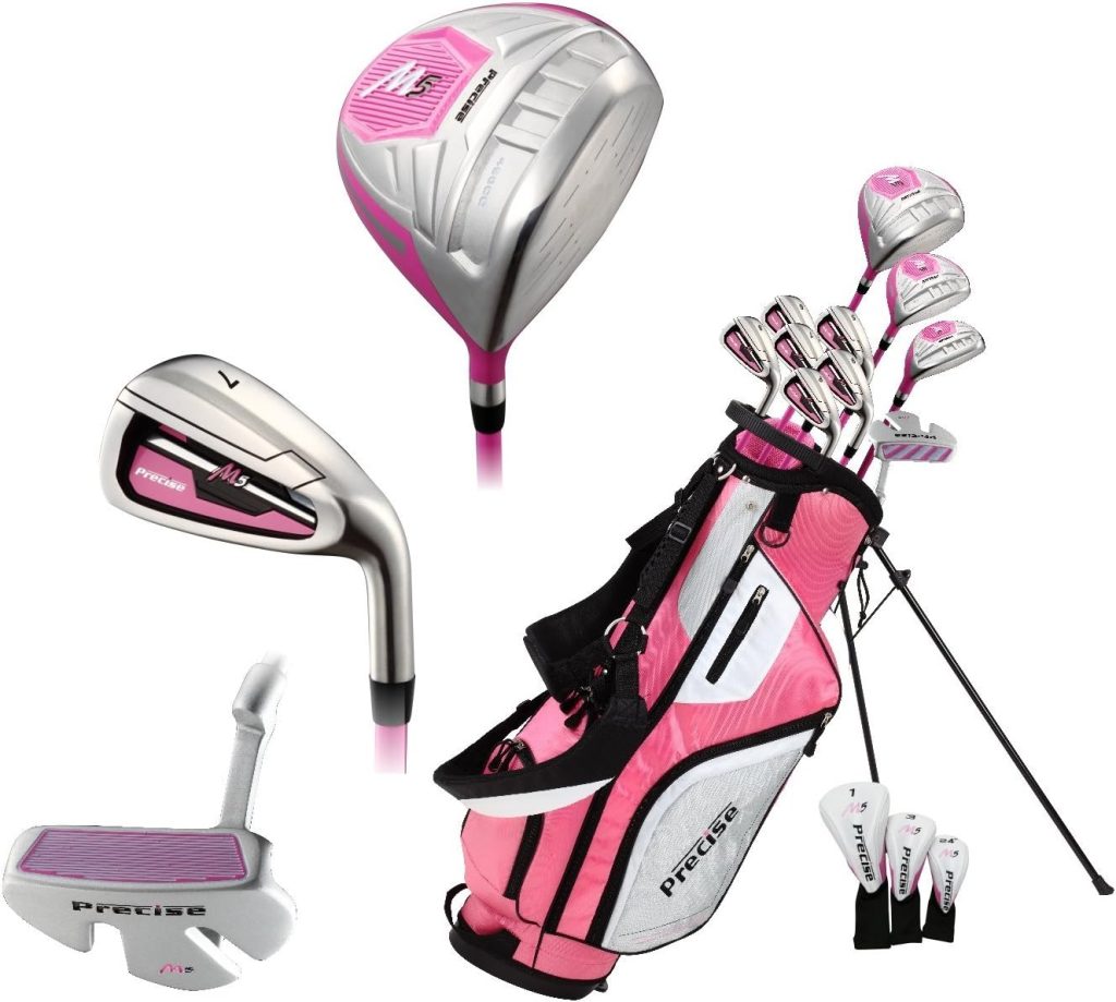 Precise M5 Ladies Womens Complete Right Handed Golf Clubs Set Includes Titanium Driver, S.S. Fairway, S.S. Hybrid, S.S. 5-PW Irons, Putter, Stand Bag, 3 H/Cs Pink (Pink, Right Hand Tall Size +1)