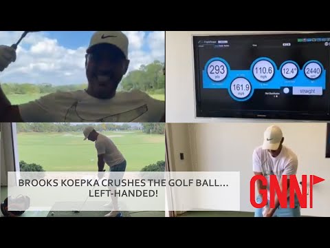 Brooks Koepka smashes the golf ball with left-handed clubs
