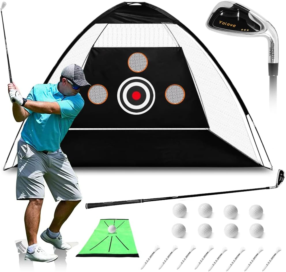 10x7ft Golf Net, Golf Club, Mat, Balls, and Tees for Indoor and Outdoor Training, Improve Your Golf Skills with Our Complete Practice Set.