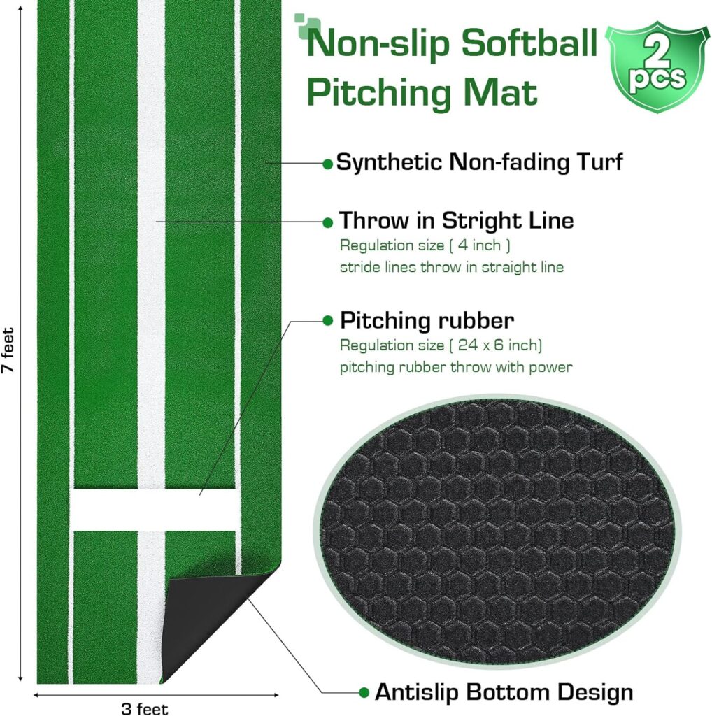 2 PCS Portable Softball Pitching Mat 3 x 10, 3 x 7 Pitchers Mound with Carry Strap Antislip Turf for Floors Garage Gym Indoor Outdoor Fastpitch Slowpitch Training Aids