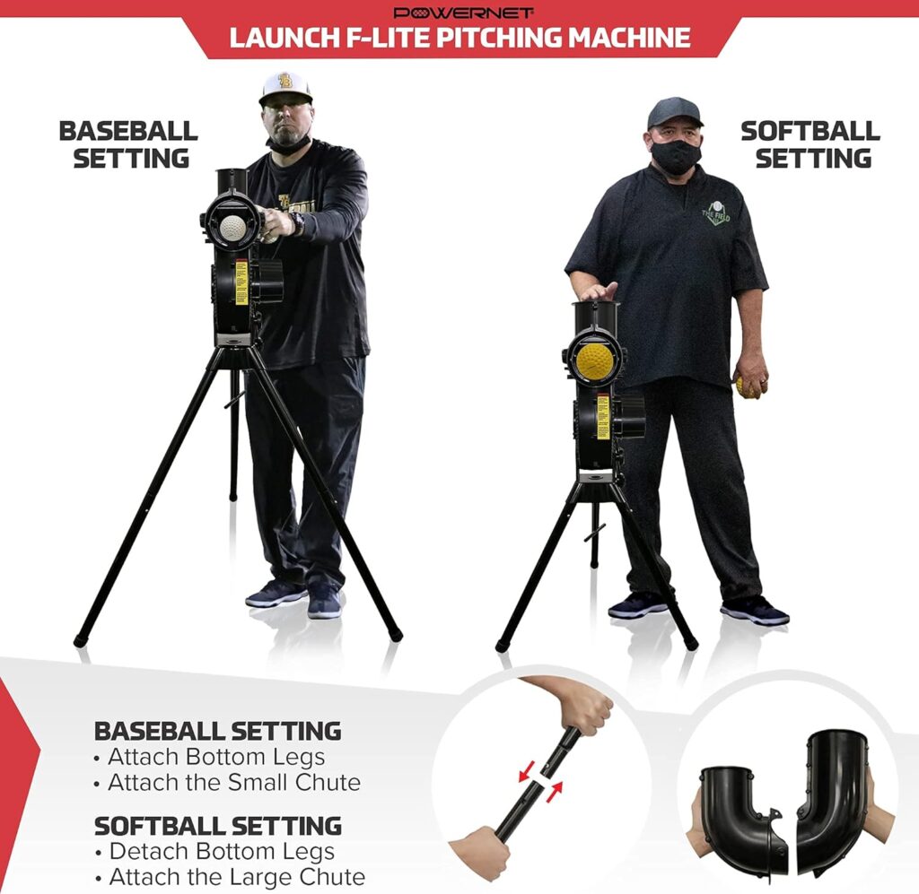 PowerNet Launch F-lite Baseball and Softball Pitching Machine | Variable Speed Throws Up to a Simulated 90 MPH | Pitches Consistent Strikes | Adjustable Height and Angles